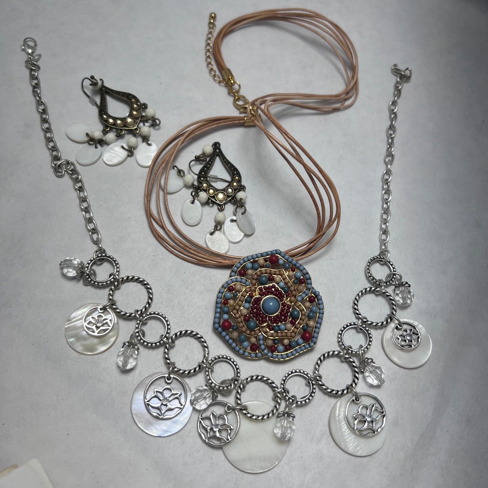 Boho Jewelry MOP Shell Beaded Flower Pendant Necklace Earrings UV Reactive